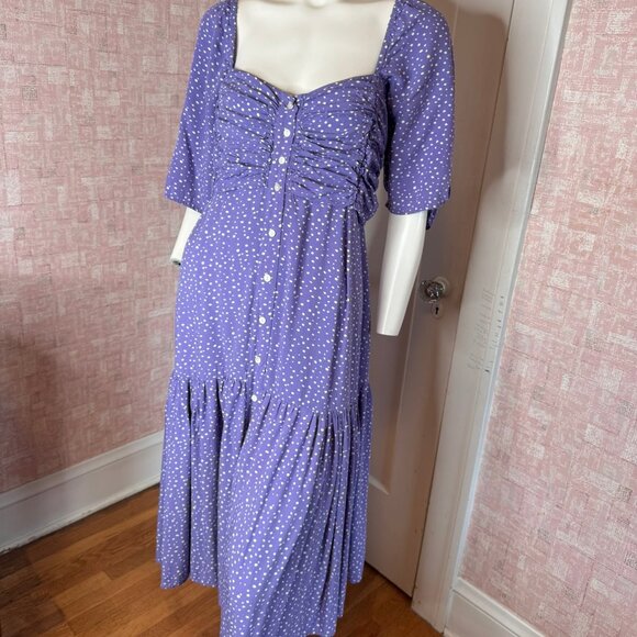 ELF Purple Polka Dot Ruched Tiered Puff Sleeve Rayon Long Dress sz XL - Picture 1 of 11
